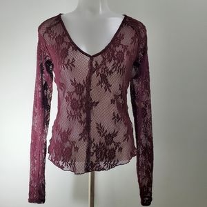 Free People Lace Top Long Sleeve Wine See Through